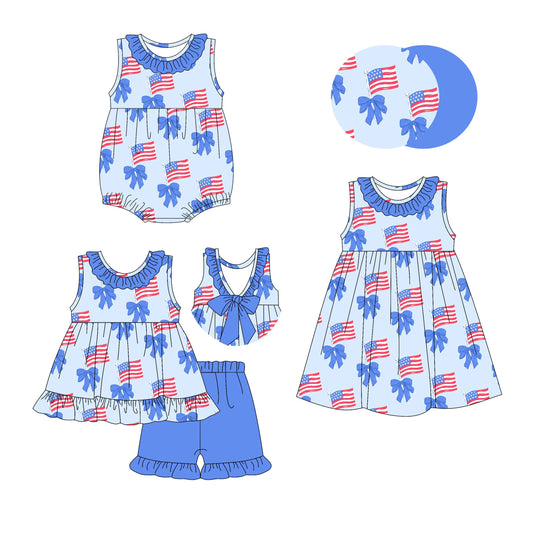 Baby Girl July 4th Flags Blue Bows Sibling Romper Dress Set ( Moq 5 Each Style ) 2.25