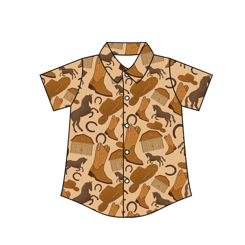 ( Moq 5 ) Baby Boy Short Sleeves Brown Horses Boots Button Shirts Tops