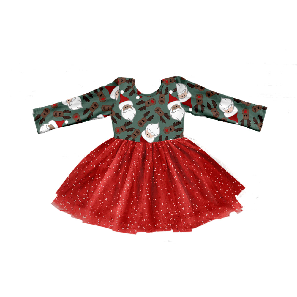 Baby Girl Long Sleeves Christmas Deer Santa Red Tulle Dress