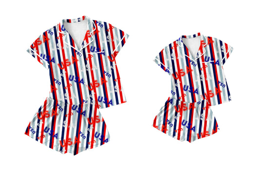 ( Moq 5 Each Style ) Baby Girl Adult Women Stripes 4th of July Shirt Shorts Sibling Mommy And Me Family Pajamas Sets