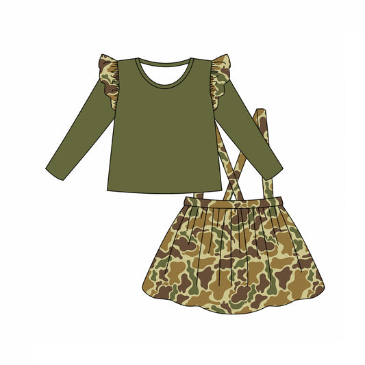 Baby Girl Ruffle Shirt Camo Suspender Skirt Clothes Green Set