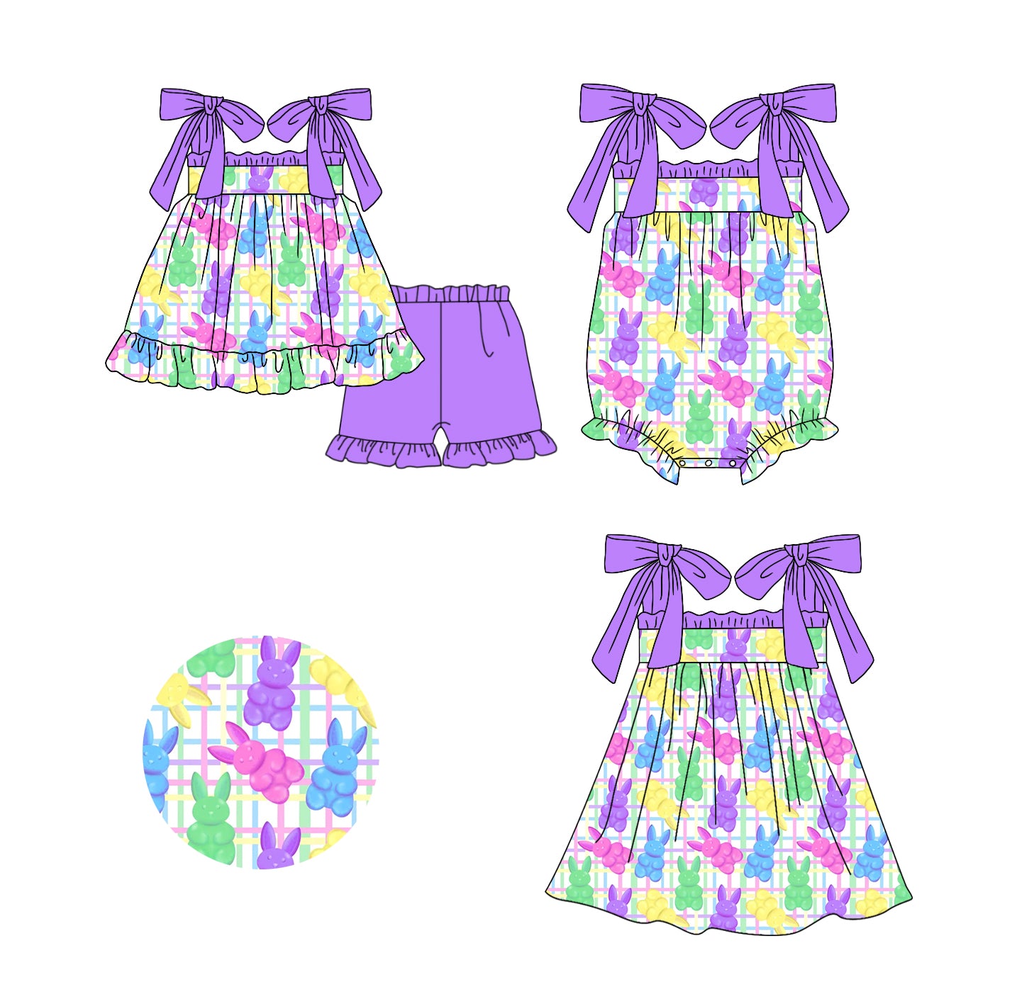 Baby Girl Purple Bows Easter Rabbits Sibling Romper Dress Clothes Set ( Moq 5 Each Design )11.20