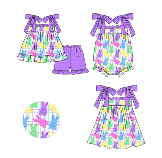 Baby Girl Purple Bows Easter Rabbits Sibling Romper Dress Clothes Set ( Moq 5 Each Design )11.20