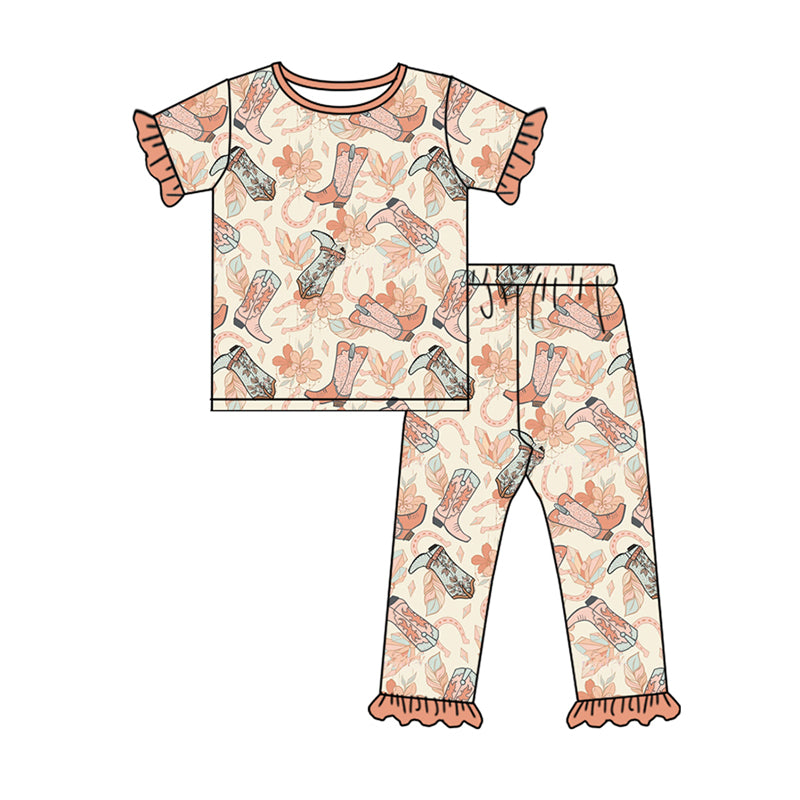 Baby Girl Short Sleeves Boots Flower Western Shirt Pants Pajamas Set Moq 5