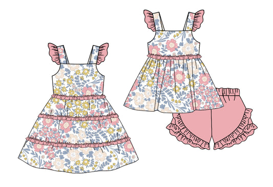 Baby Girl Short Sleeves Flower Sibling Matching Dress Pink Ruffle Clothes Set Moq 5 Each Design