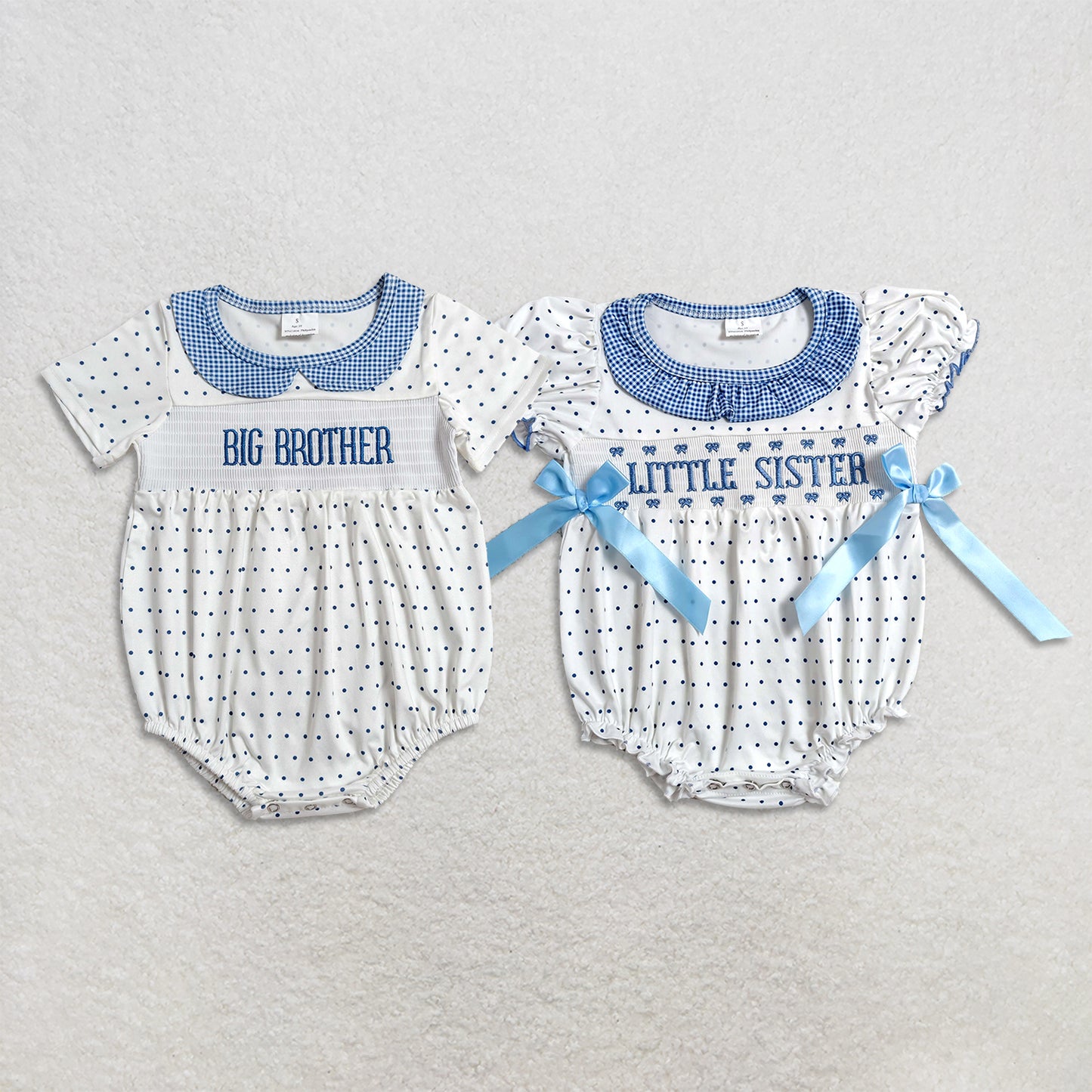 Sibling Baby Boys Girls Infant Embroidery Smocked Little Sister Brother Bubble Rompers RTS