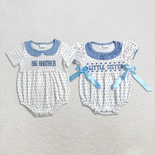 Sibling Baby Boys Girls Infant Embroidery Smocked Little Sister Brother Bubble Rompers RTS