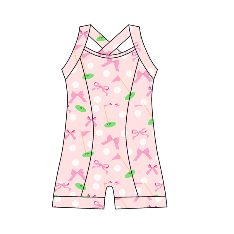 ( Moq 10 ) Baby Girl Straps Pink Golf Flags Bows Activity Wear Yoga Jumpsuit