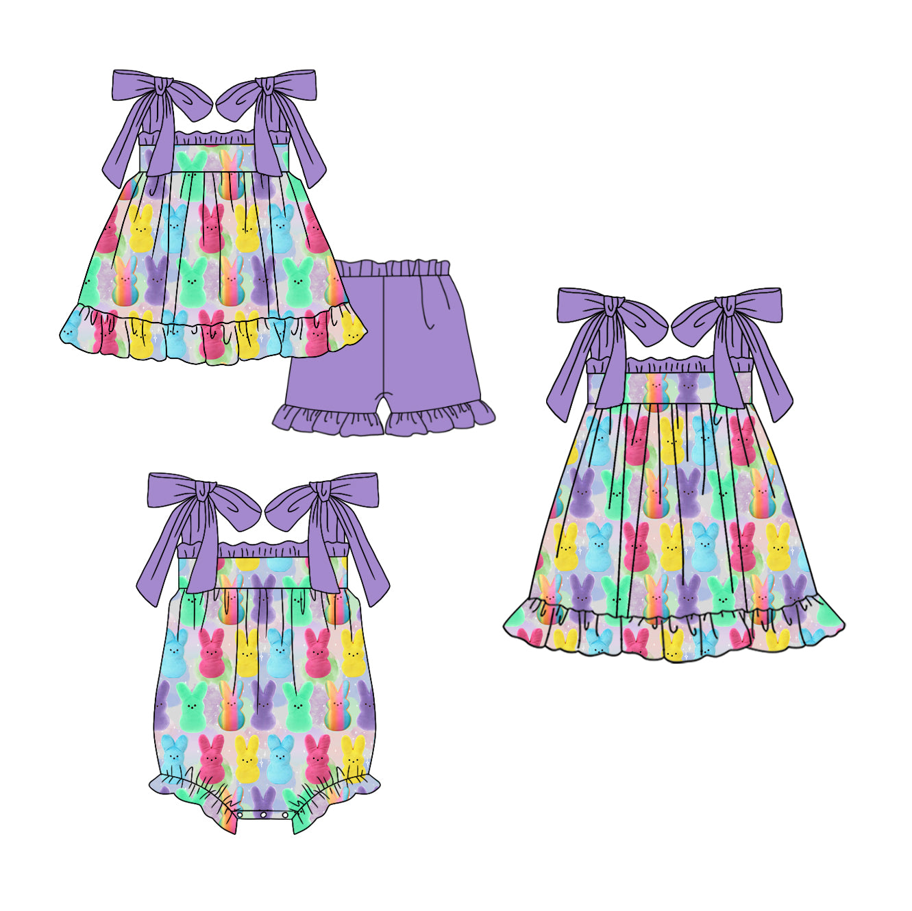 Baby Girl Easter Rabbit Sibling Purple Romper Dress Clothes Set ( Moq 5 Each Design )