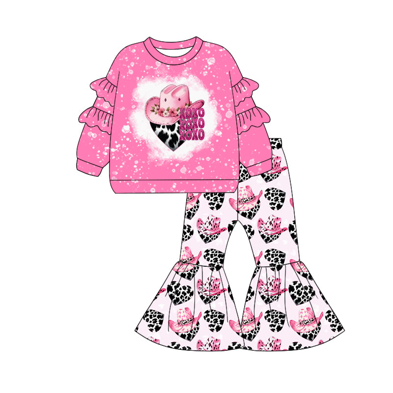 Baby Girl Pink Ruffle Shirt Western Hats Hearts Pants Valentine Set Moq 5