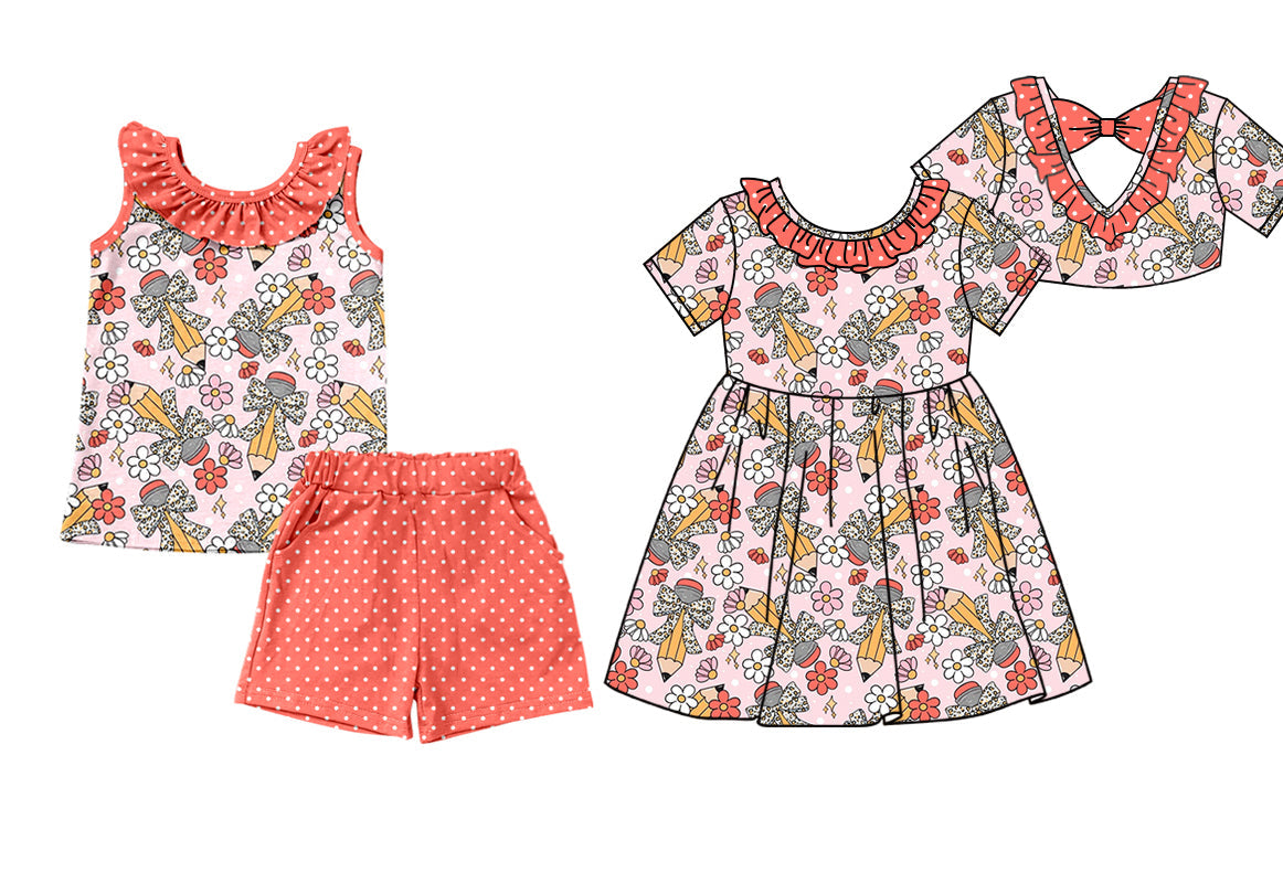 Baby Girl Back To School Pencil Bows Flower Sibling Dress Set ( Moq 5 Each Style ) 1.16