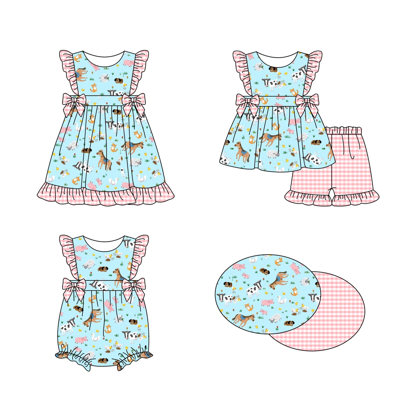 Baby Girl Animals Bows Sibling Romper Dress Clothes Set ( Moq 5 Each Design )