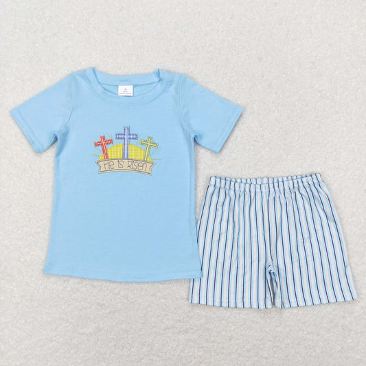 BSSO0356 Baby Boy Short Sleeves Embroidery He Is Risen Shirt Stripes Shorts Easter Set