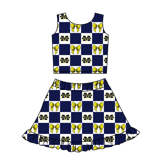 ( Moq 5 ) Baby Girls Kids Toddler Yellow Bows Navy Plaid Tops Shorts Ruffle Skirt Team Set