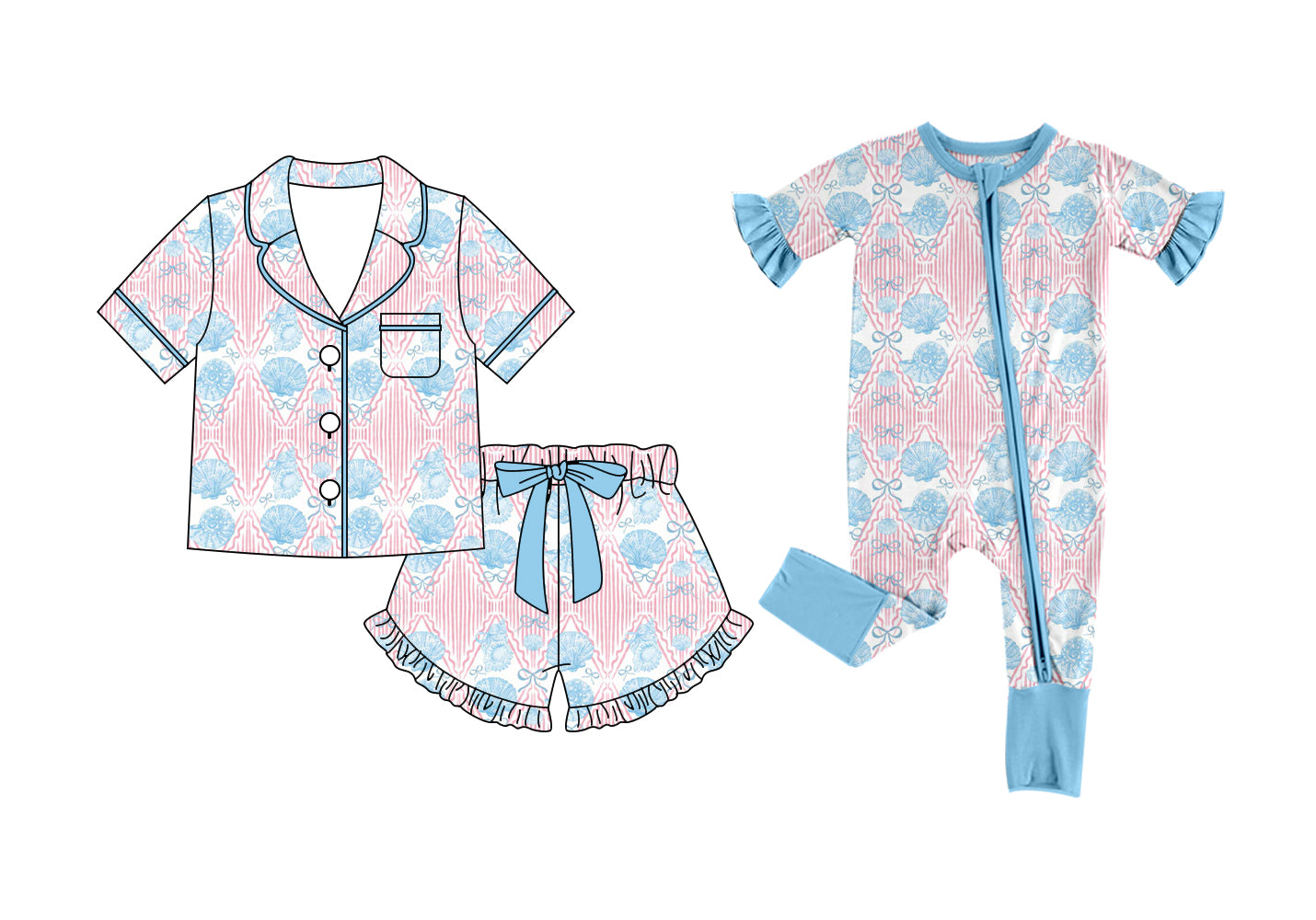 ( Moq 5 Each Style ) Baby Girls Kids Toddler Shell Bows Sibling Summer Zipper Romper Pajamas Set