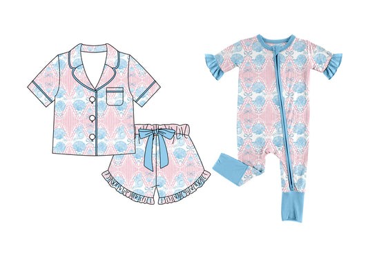 ( Moq 5 Each Style ) Baby Girls Kids Toddler Shell Bows Sibling Summer Zipper Romper Pajamas Set