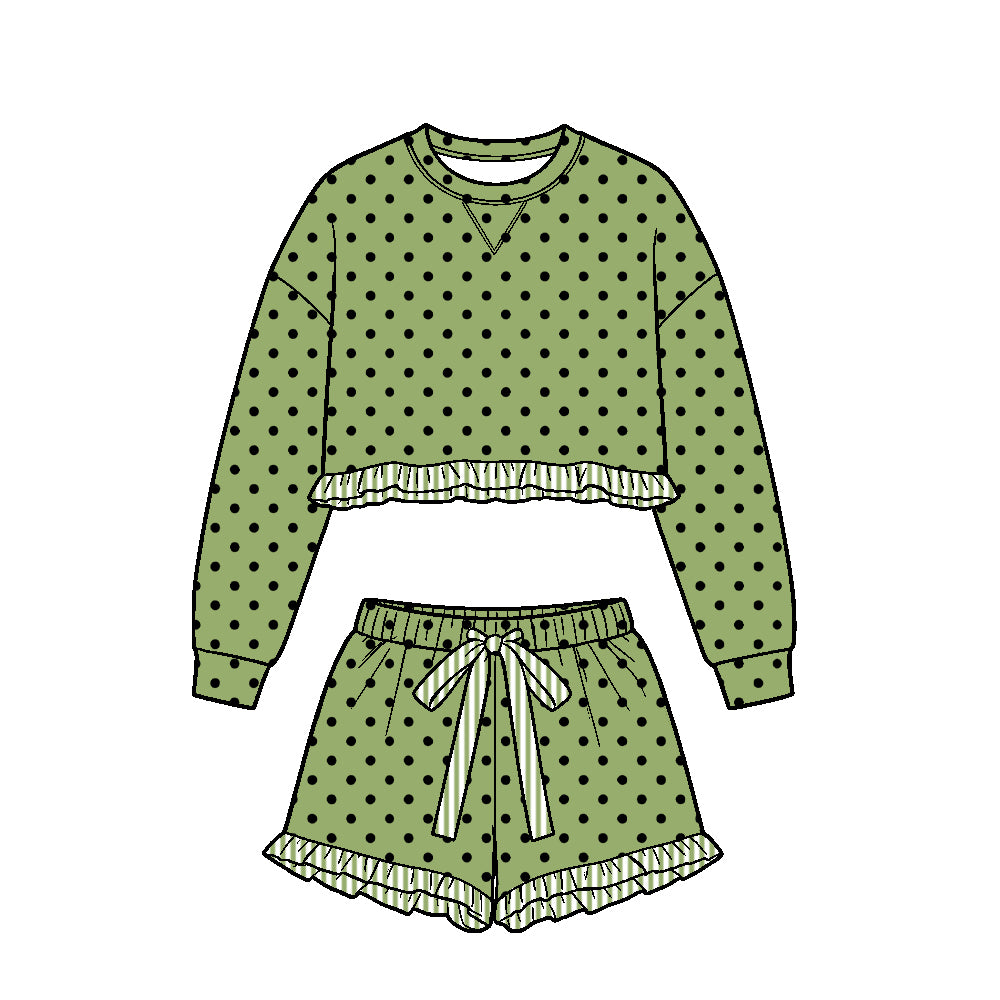 ( Moq 5 ) Baby Girls Kids Long Sleeves Ruffle Shirt Black Dots Shorts Set Green Clothes