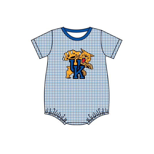 Baby Boy Short Sleeves Tiger Blue Plaid Bubble One Piece Romper