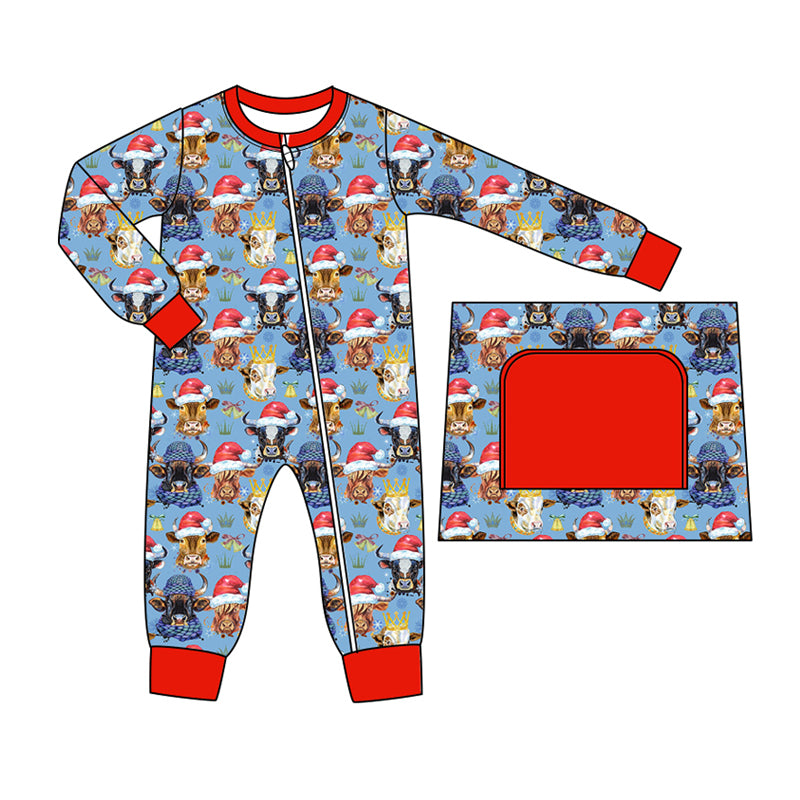 Baby Boy Long Sleeves Cow Christmas Zipper Romper