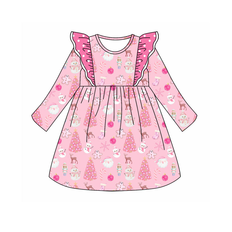 Baby Girl Long Sleeves Christmas Gingerbread Tree Pink Dress