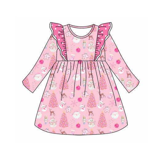 Baby Girl Long Sleeves Christmas Gingerbread Tree Pink Dress