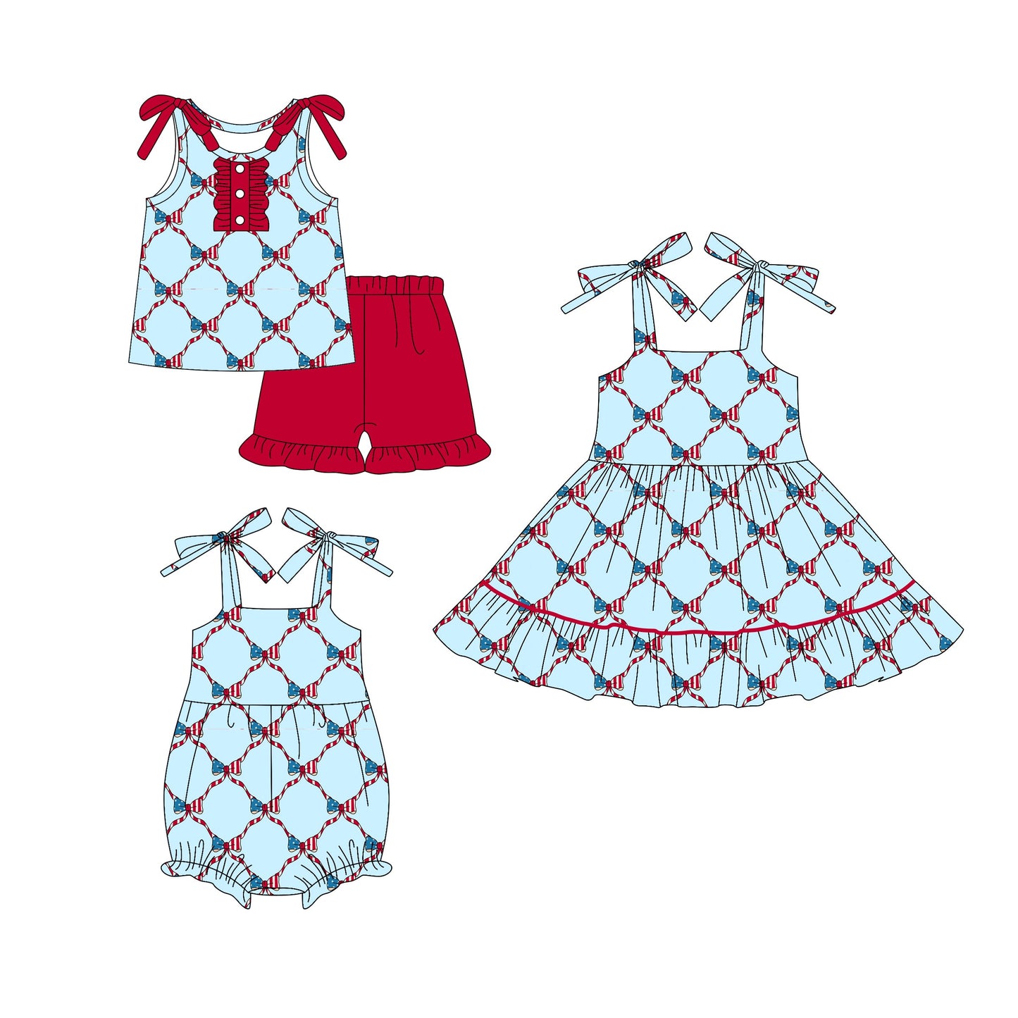 ( Moq 5 Each Style ) Baby Girl Straps 4th Of July Bows Sibling Summer Romper Dress Set 4.21