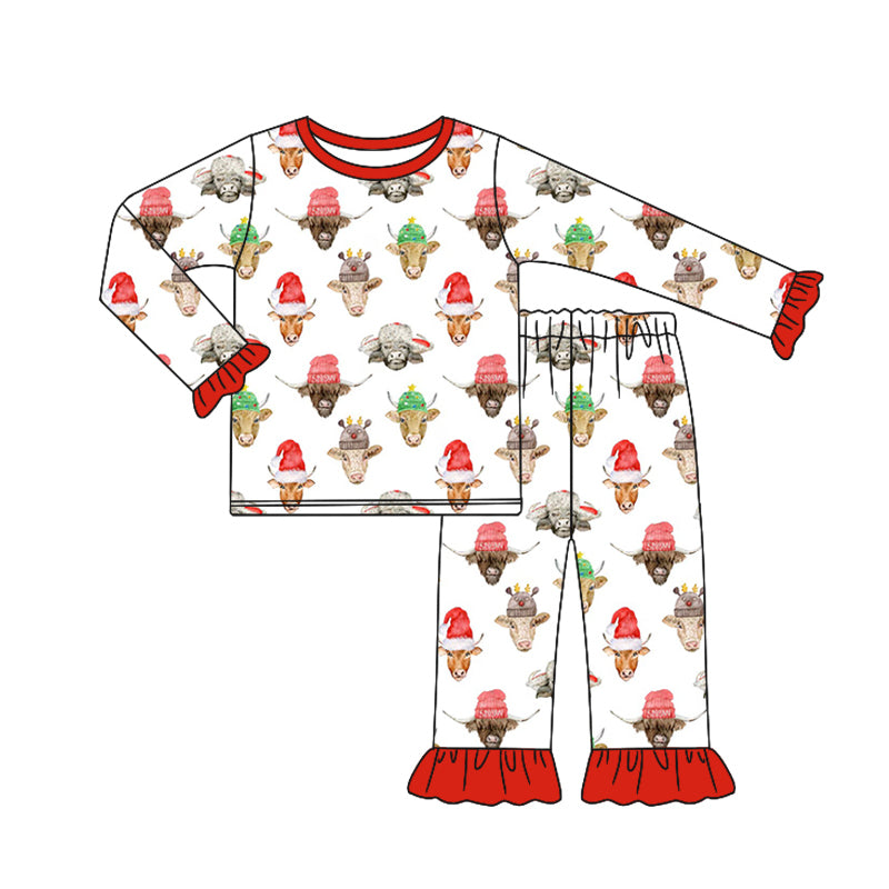 Baby Girl Long Sleeves Christmas Cow Ruffle Shirt Pants Pajamas Set