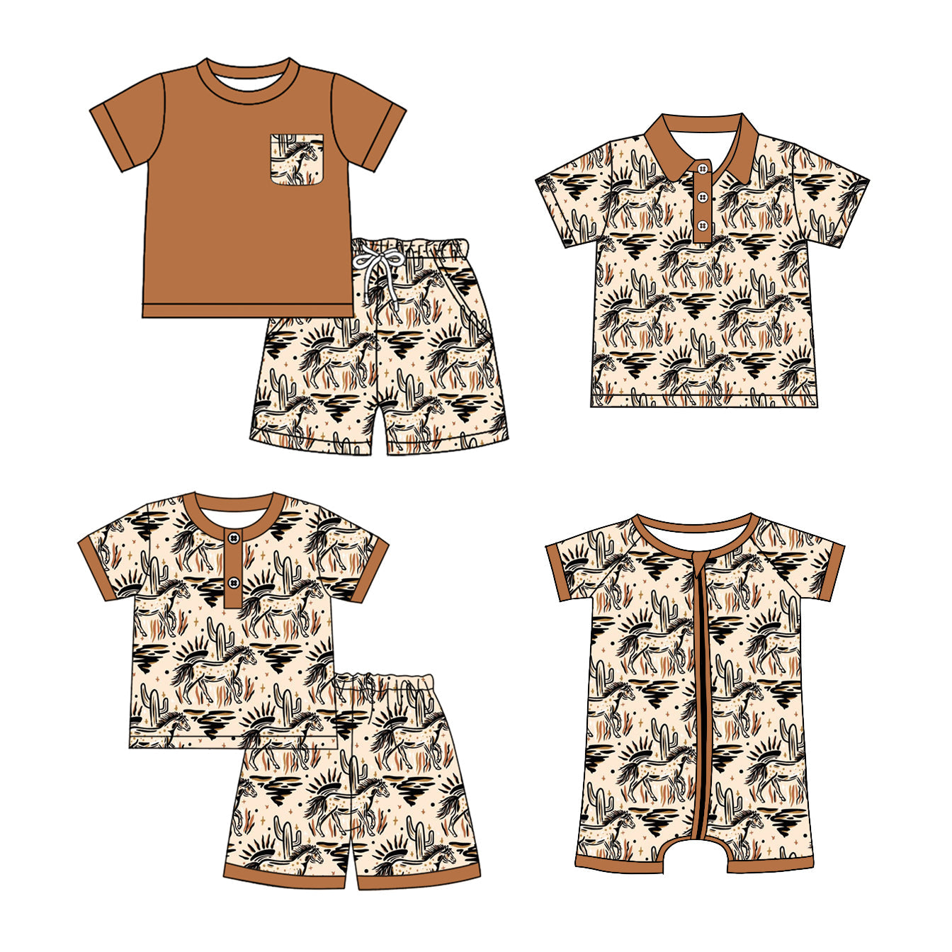 Baby Boy Girl Short Sleeves Western Horse Sibling Romper Set ( Moq 5 Each Style ) 12.25