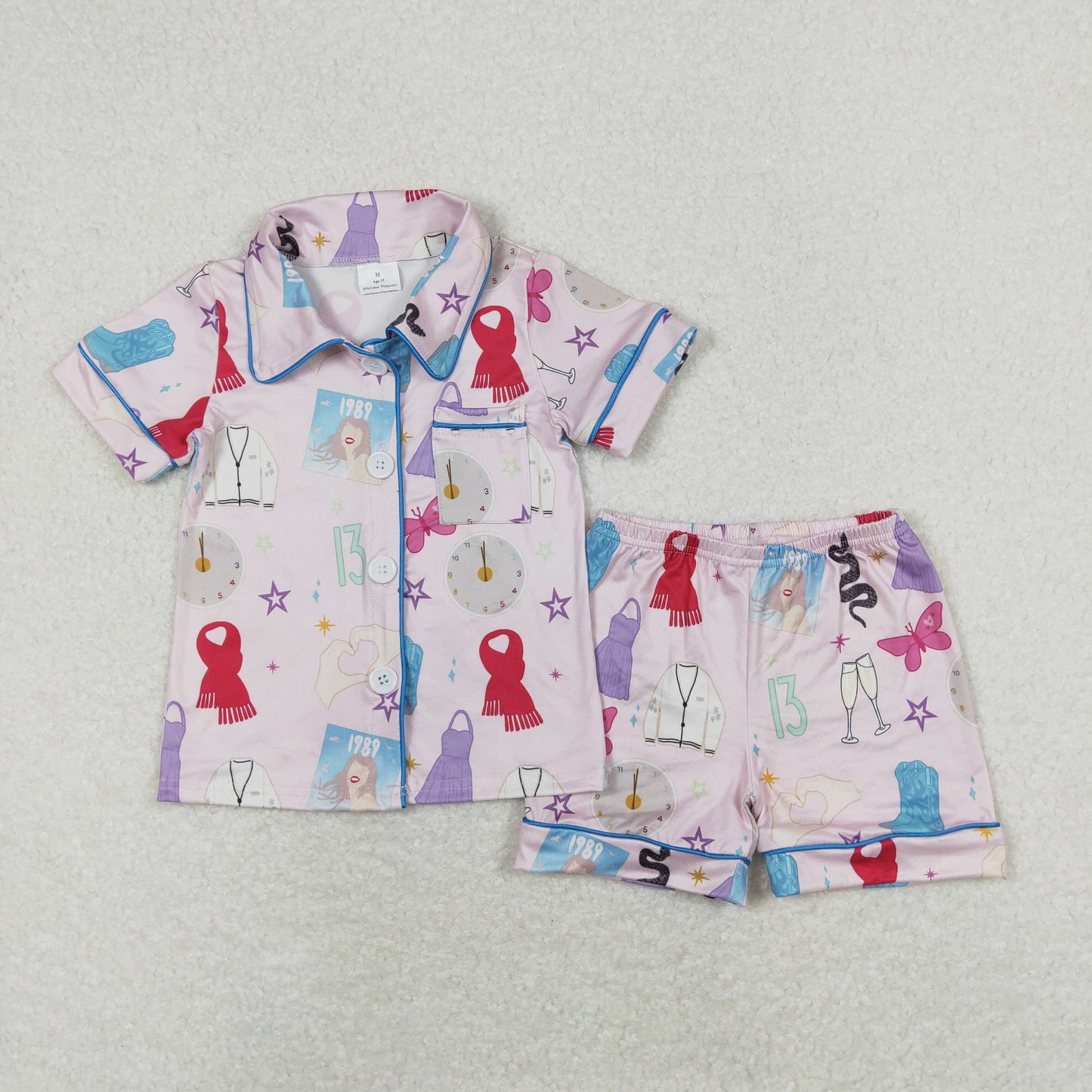 Baby Girl Short Sleeves Singer Buttons Pocket Shirt Shorts Pajamas Set