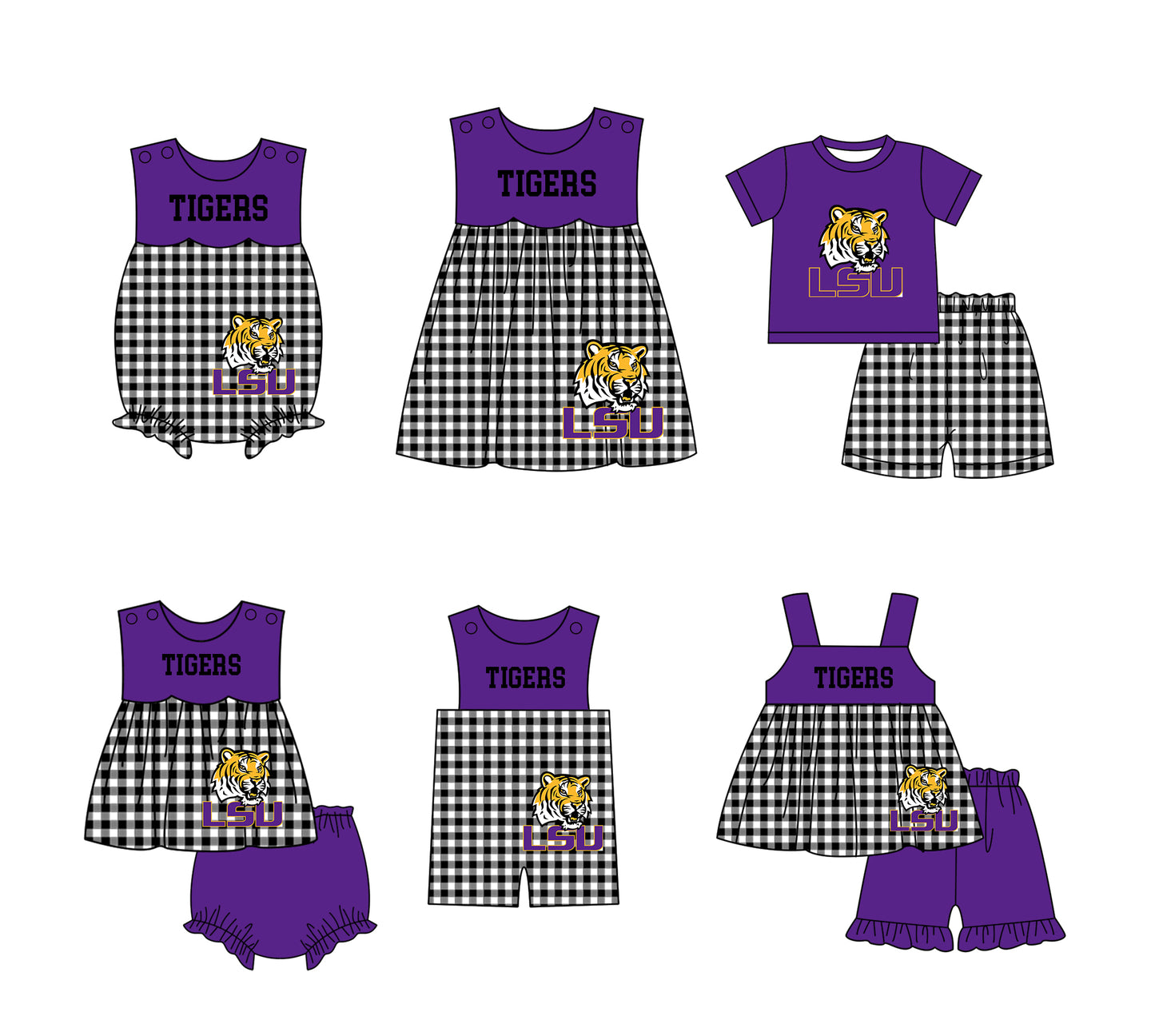 ( Moq 5 Each Style ) Baby Boys Girls Kids Tiger Plaid Team Sibling Rompers Dress Sets
