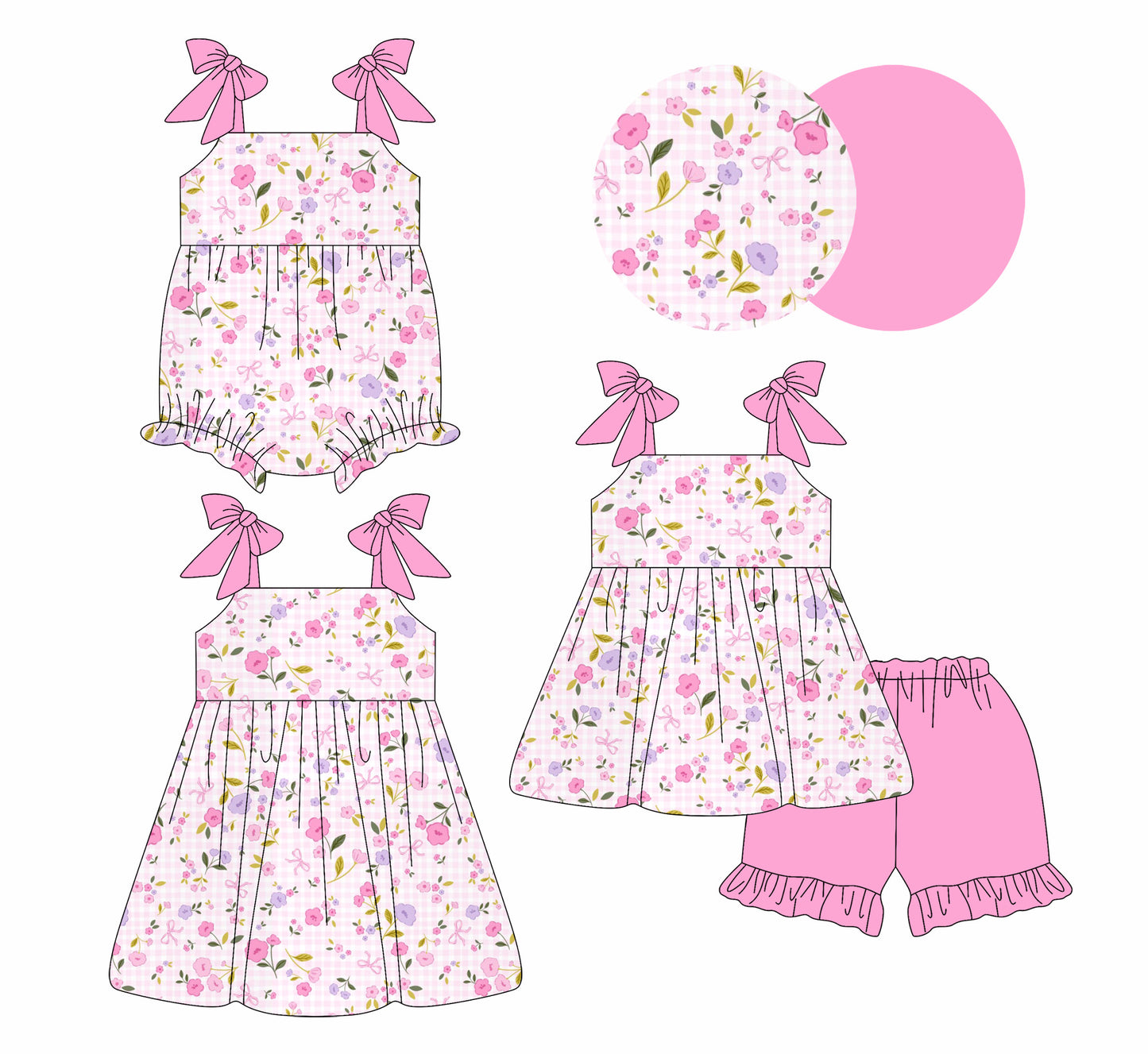 ( Moq 5 Each Style ) Sibling Baby Girls Kids Straps Pink Bows Flower Romper Dress Set