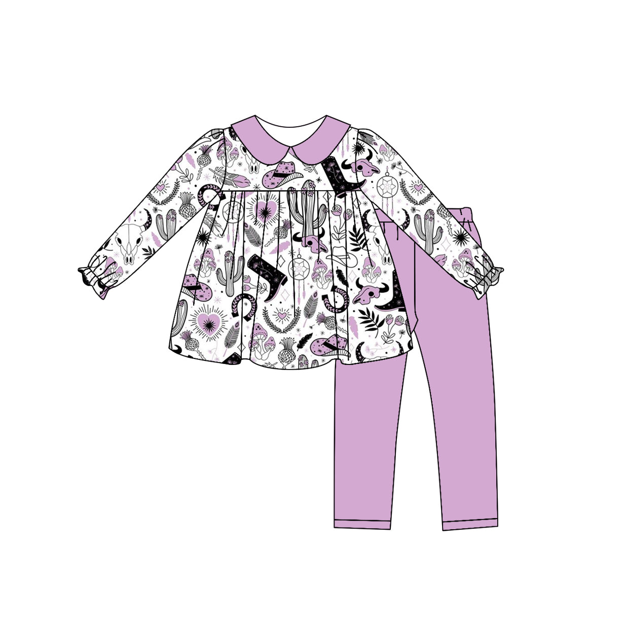 Baby Girl Toddler Long Sleeves Boots Cactus Tops Purple Pants Western Set