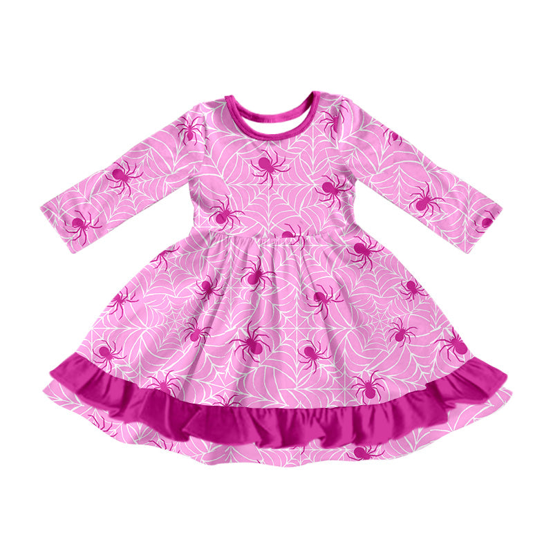 Baby Girl Long Sleeves Spiders Halloween Pink Dress