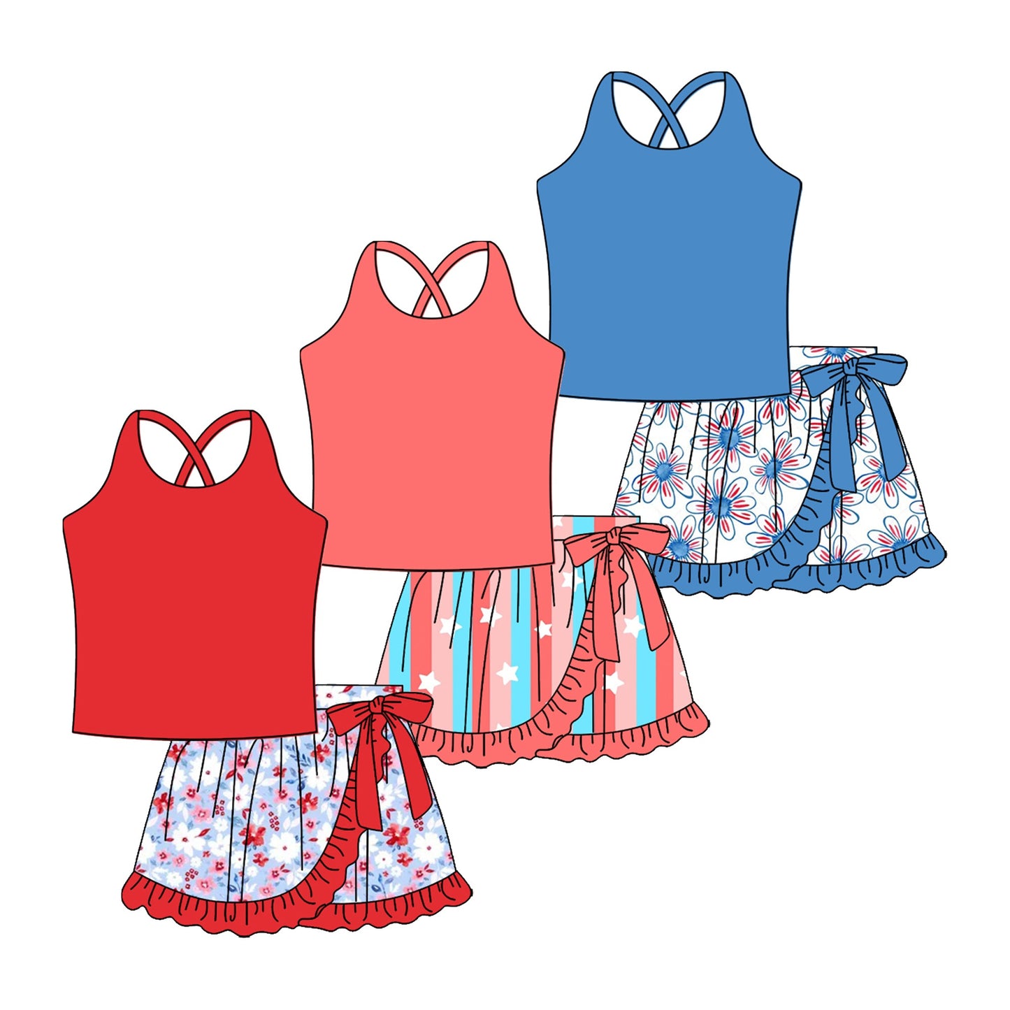 Baby Girl Sleeveless Shirt Flower Ruffle Skirt Sibling Set ( Moq 5 Each Style ) 3.18