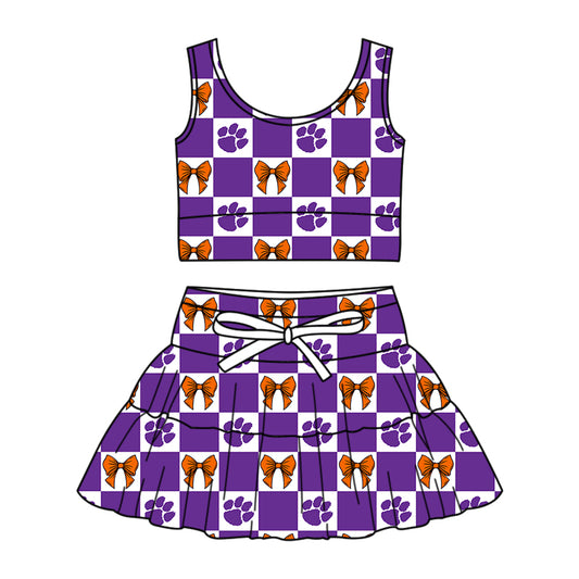( Moq 5 ) Baby Girls Toddler Bows Purple Checked Tops Shorts Skirt Team Set