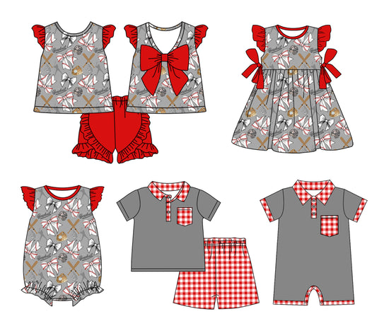Baby Boy Girl Baseball Bows Sibling Dress Romper Clothes Set ( Moq 5 Each style )11.30