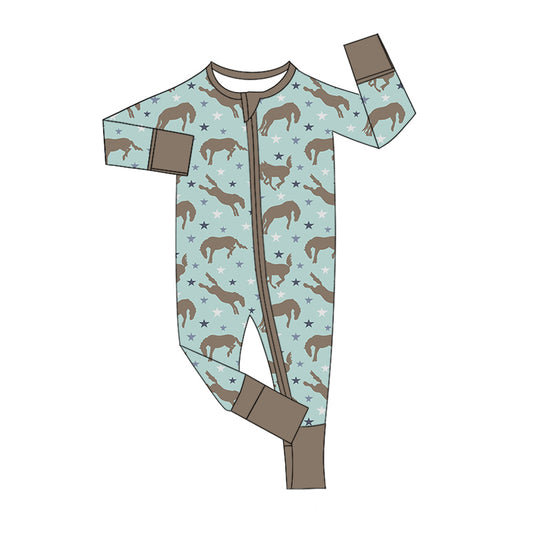 Baby Boy Newborn Infant Long Sleeves Horse Stars Zipper Romper