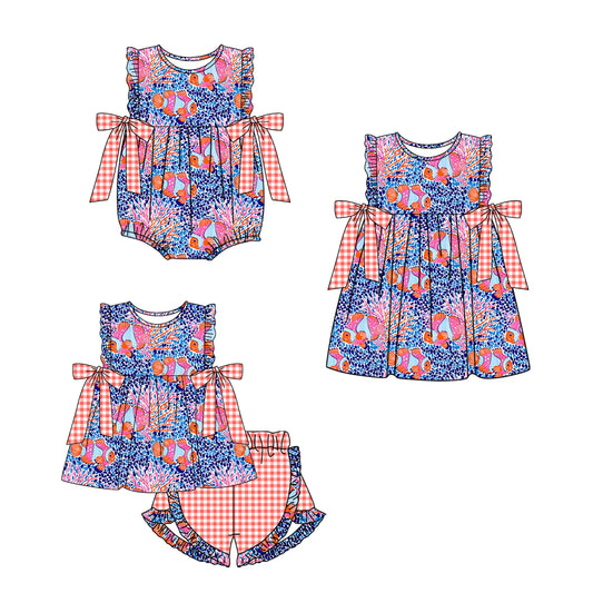 Baby Girl Fish Bows Sibling Matching Romper Dress Clothes Set ( Moq 5 Each Design )