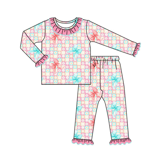 Baby Girl Long Sleeves Flower Bows Plaid Shirt Pants Pajamas Set