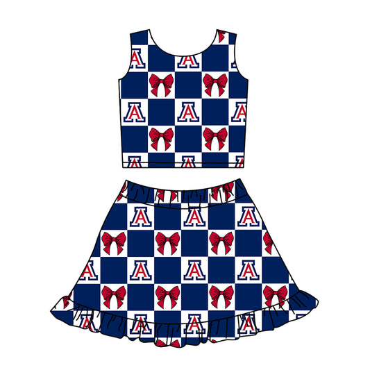 ( Moq 5 ) Baby Girls Kids Bows Navy Checked Tops Shorts Ruffle Skirt Team Set