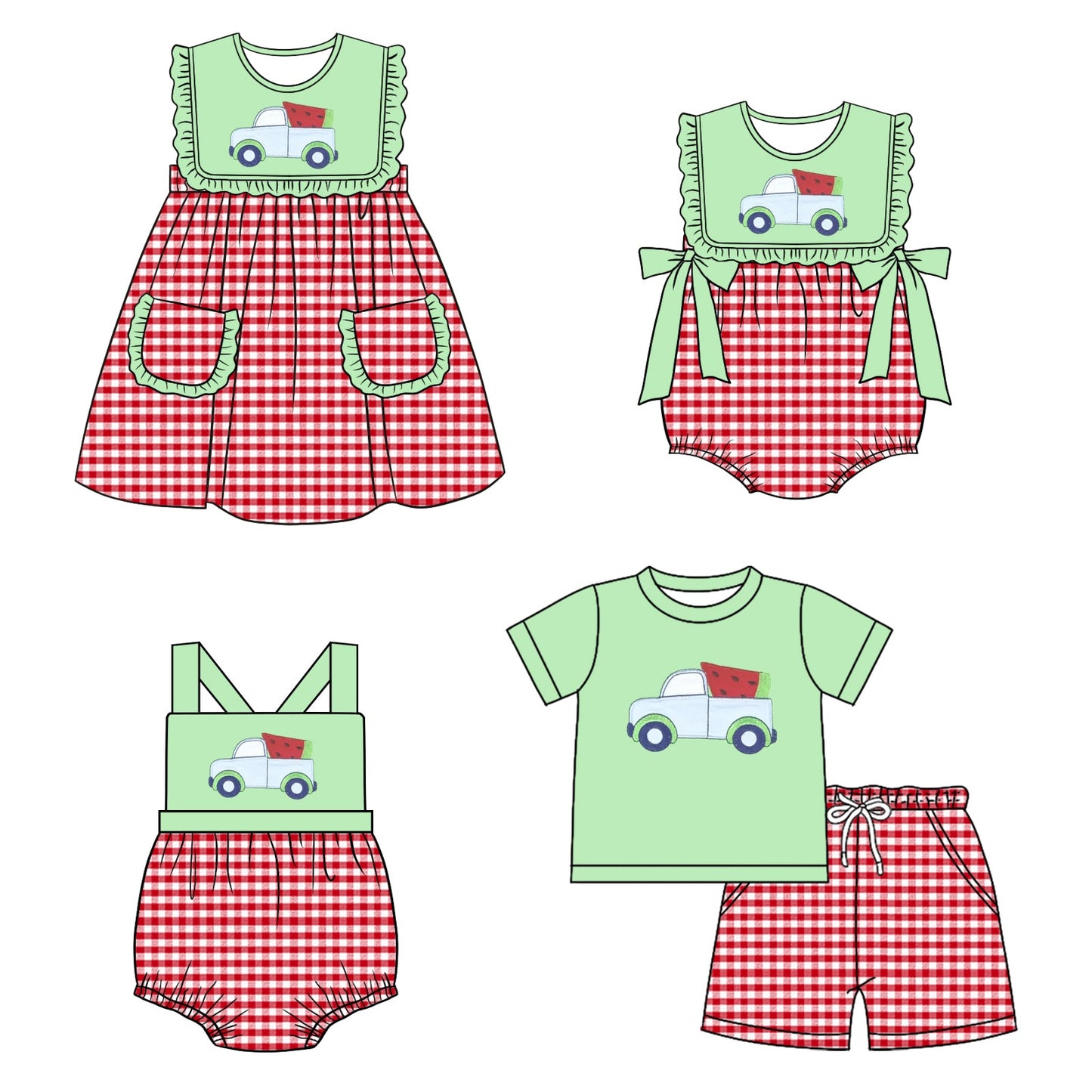 Baby Boy Girl Watermelon Trucks Checked Sibling Romper Dress Set ( Moq 5 Each Style ) 1.24