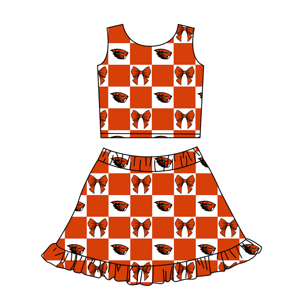 ( Moq 5 ) Baby Girls Kids Sleeveless Bows Checked Tops Shorts Ruffle Skirt Team Set