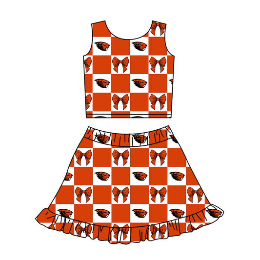 ( Moq 5 ) Baby Girls Kids Sleeveless Bows Checked Tops Shorts Ruffle Skirt Team Set