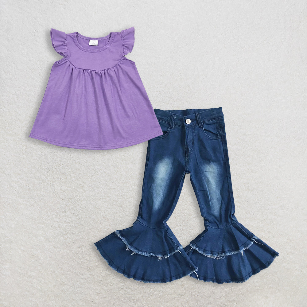 Baby Girls Kids Short Sleeves Purple Tops Denim Jeans Bell Pants Set RTS