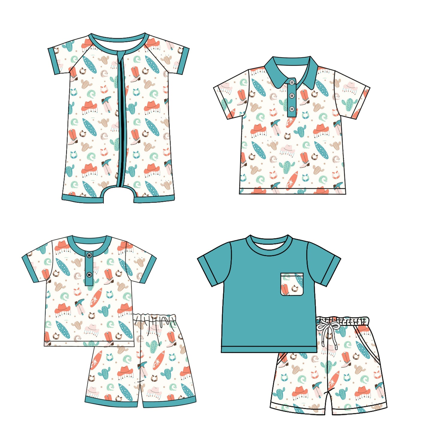 Baby Boy Western Boots Cactus Sibling Romper Dress Set ( Moq 5 Each Style ) 1.23