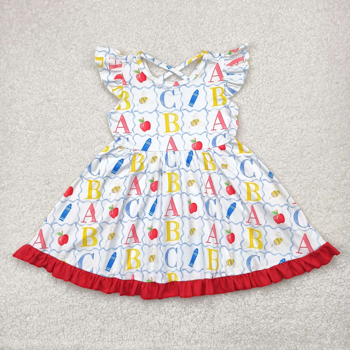 Baby Girl Short Sleeves Back To School Pencil Apple Knee Length Twirl Dress RTS