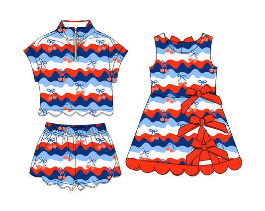 ( Moq 30 Each Style ) Sibling Baby Girls Kids 4th of July Zipper Shirts Scallop Shorts Set Dress Summer Clothes