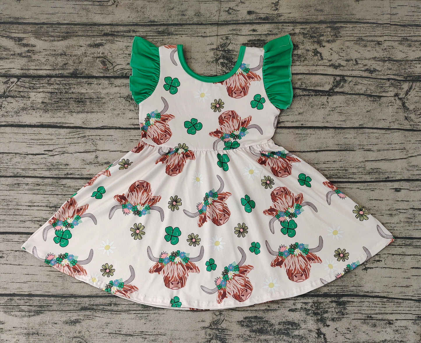 No moq Pre-order GSD0647 Baby Girl St. Patrick's Day Cow Floral Dress