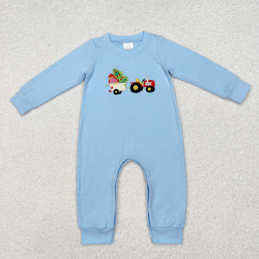 Baby Boy Long Sleeves Embroidery Christmas Tree Tractor Blue Romper