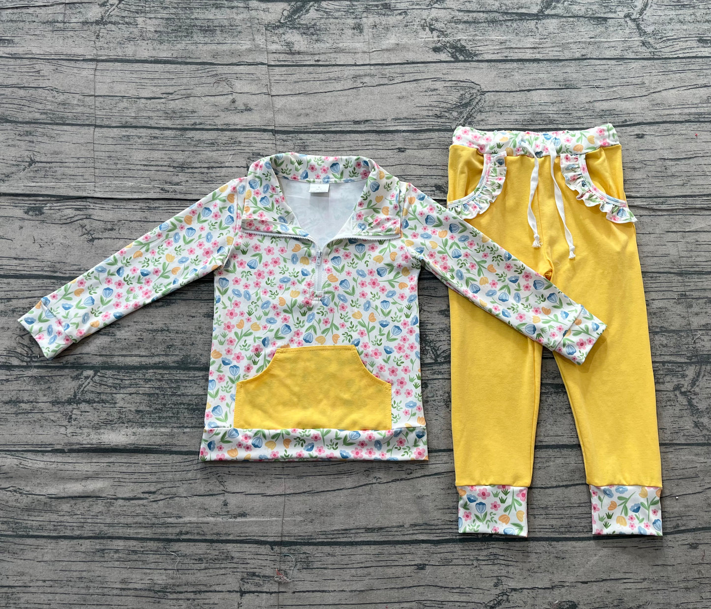 Baby Girls Kids Long Sleeves Floral Zipper Shirt Pockets Yellow Pants Clothes Set RTS